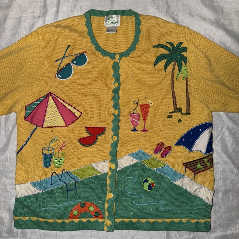 Quacker Factory Beach Summer Cardigan Women 2X Yellow Appliqué Beaded 2XL Plus